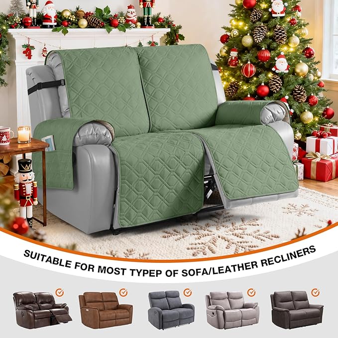 VANSOFY Waterproof Loveseat Recliner Cover, Sofa Covers 1-Piece Washable Reclining Sofa Cover Non-Slip Furniture Protector with Elastic Straps Pocket for Dogs, Pets(Bean Green,2 Seater)