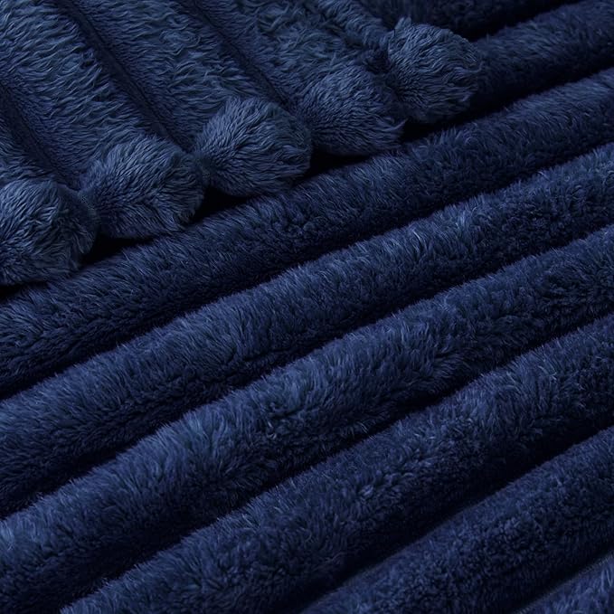 Exclusivo Mezcla King Size Flannel Fleece Blanket, Super Soft Striped Jacquard Bed Blanket, Lightweight Fuzzy Cozy for All Seasons, 90x104 Inches, Navy Blue