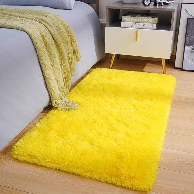 Amearea Shag Fluffy Small Rug, 2x4 Feet Throw Rugs for Bedroom Girls Living Room, Extra Soft and Fuzzy Shaggy Carpet, Non Slip, Solid Color Nursery Home Floor Decor Carpets, Yellow