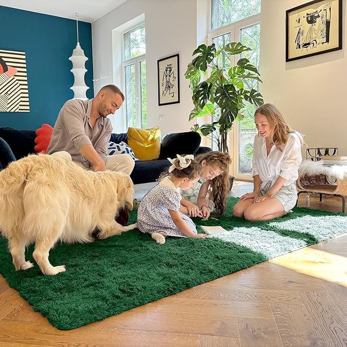 OLANLY 2x6 Machine Washable Runner Rugs for Hallway, Soft Fluffy Shaggy Bedside Rugs for Bedroom, Living Room, Indoor Floor Carpet for Kids Girls Boys, Nursery Rooms, Home Decor Aesthetic, Dark Green