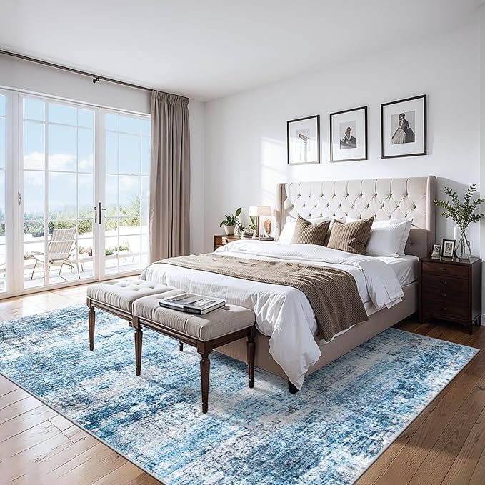 Area Rugs 9x12 Living Room - Washable Rug Modern Abstract Soft Large Neutral Non-Slip Carpet Indoor Floor Thin Carpets for Bedroom Dining Room Farmhouse Nursery Home Office Blue Grey