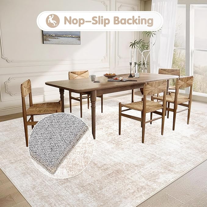 Area Rug 5x7 Vintage Rugs: Washable Living Room Rug Retro Medallion Distressed Large Rug Soft Low Pile Non-Slip Rugs Indoor Floor Carpet for Bedroom Kitchen Nursery Dining Table Office (Beige/Brown)