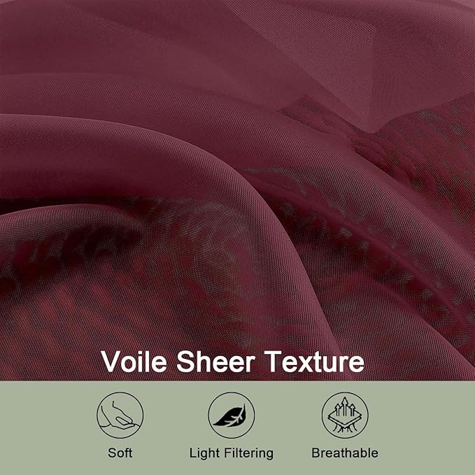 OWENIE Sheer Curtains 2 Panels Set for Bedroom Living Room, Soft Solid Rod Pocket Light Filtering Window Treatment, 2Pcs Each 59" W x 96" L, Burgundy Wine