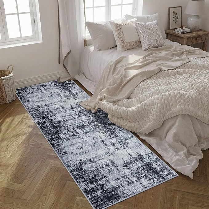 2.6'x8' Runner Rug Washable Rug;Modern Abstract Soft Thin Runner Rug Dark-Black
