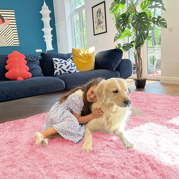 OLANLY 5x8 Machine Washable Large Area Rugs for Living Room, Bedroom, Soft Fluffy Shaggy Bedside Rug, Indoor Floor Carpet for Kids Girls and Boys, Dorms, Nursery, Home Decor Aesthetic, Pink