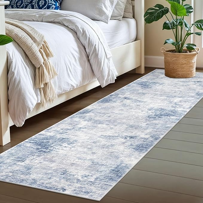 IOHOUZE Abstract Runner Rug 2x7 Ft Washable Runners for Hallways, Non Slip Kitchen Runner Printed Faux Wool Entryway Runners Indoor, Modern Floor Carpet for Hall Kitchen Bedroom, Light Blue Grey
