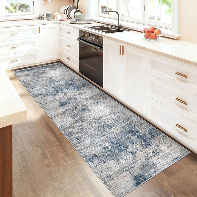 2x7 Runner Rug for Hallway, Washable Modern Abstract Runner Rugs Neutral Soft Non Slip Kids Rug Stain Resistant Indoor Runners for Entryway Bedroom Kitchen Laundry Room(BlueWhite, 2'x7')
