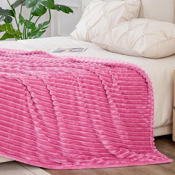 BEDELITE Fleece Blanket King Size – 3D Ribbed Jacquard Soft and Warm Decorative Fuzzy Blankets – Cozy, Fluffy, Plush Lightweight Throw Blankets for Couch, Bed, Sofa(Hot Pink, 108x90 inches)