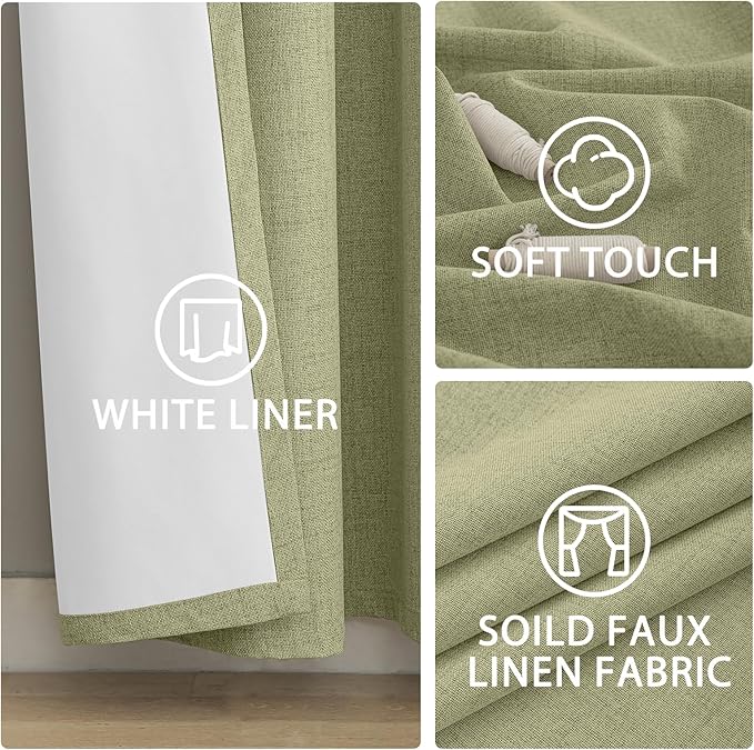 Yakamok Sage Green Linen Curtains 100% Blackout 90 Inches Long,Room Darkening Textured Curtains for Living Room Thermal Grommet Bedroom 2 Panels with Greyish White Liner