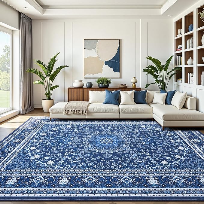 Lofus 8x10 Area Rugs for Living Room, Machine Washable Non-Slip Area Rug, Low Pile Large Rugs for Bedroom, Kitchen, Dining Room, Home Office, Vintage Oriental Print Rug, Dark Blue with White