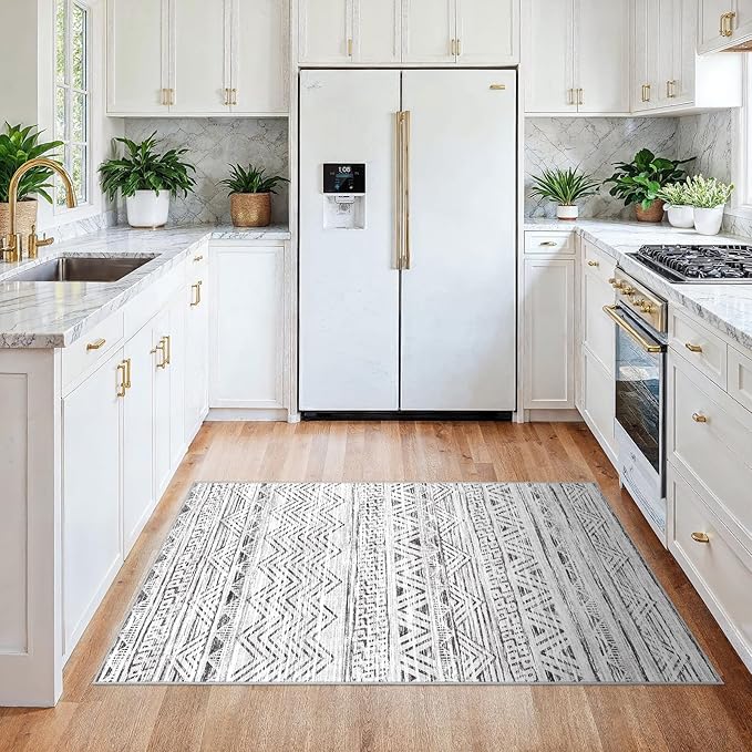 3x4 Washable Entryway Area Rug: Moroccan Small Runner Rug for Hallway Soft Modern Non Slip Door Mat with Rubber Backing Low Pile Thin Floor Carpet for Kitchen Bathroom Bedroom Indoor 3x4 Grey