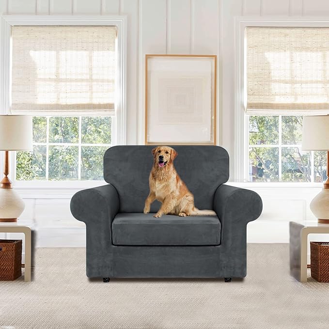 WEERRW Velvet Stretch Chair Sofa Slipcover - 2 Pieces Luxury Soft Velvet Plush Couch Cover Furniture Protector with Elastic Bottom for Pets, Machine Washable, Dark Gray, Small