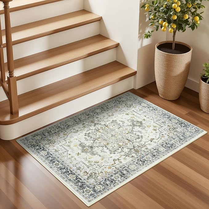 Lofus 2x3 Washable Rug for Entryway Bathroom, Non Slip Kitchen Mats for Floor, Vintage Soft Door Mat Indoor Entrance, Small Area Rugs, Farmhouse Carpet for Entry Living Room Bedroom, Taupe Grey