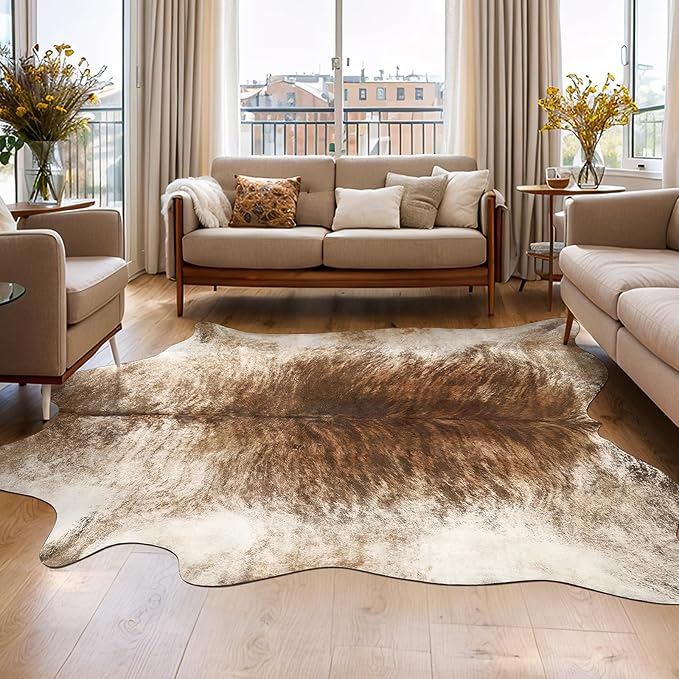 AROGAN Western Decor Faux Fur Cowhide Rug, 4.6 x 5.2 Feet Premium Animal Skin Cow Hide Rug, Sturdy Cow Print Rugs for Wall Decor, Western Floor Carpet for Bedroom Living Room, Brownish