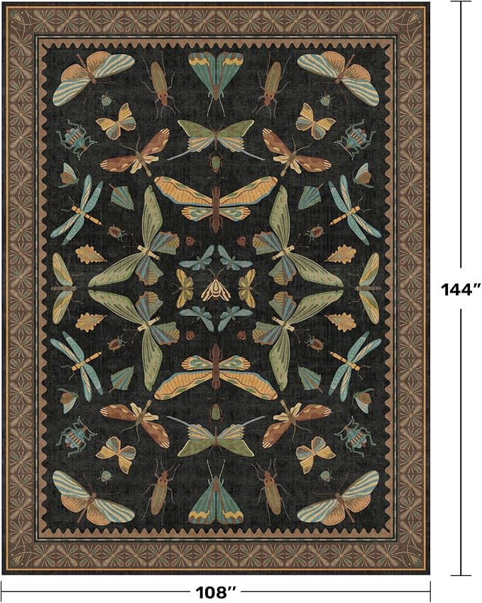Hazo Haus Large Black Rug for Living Room - Area Rugs 9x12 Dining Room Table, Large Bedroom Under Bed, Unique Insect Bug Home Décor, Foldable Soft Stain Resistant