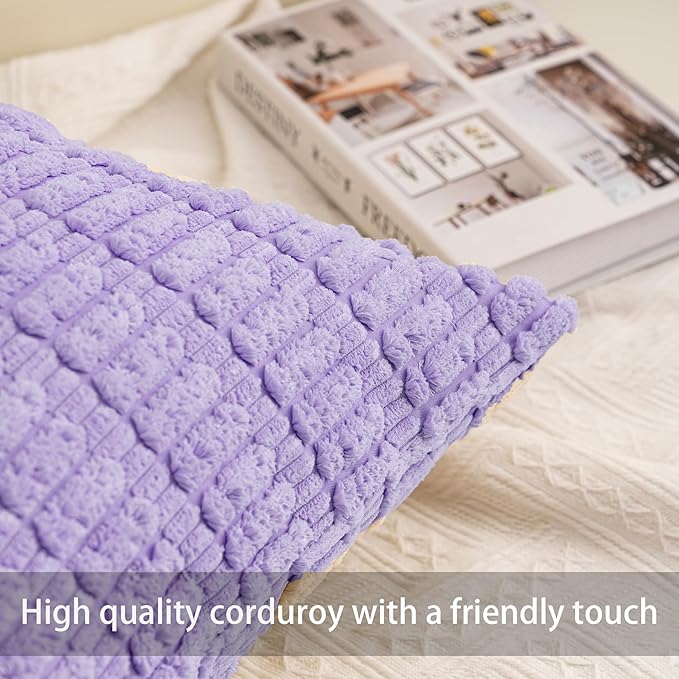 Pack of 2 Corduroy Decorative Throw Pillow Covers 18x18 Inch Soft Striped Pillow Covers Modern Farmhouse Home Decor for Sofa Living Room Couch Bed（Purple）