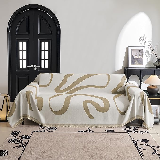 MYSKY HOME Couch Cover for 3 Cushion Couch Sofa Cover, Super Soft Boho Couch Covers for Dogs Washable, Jacquard Sofa Slipcover Furniture Protector for Living Room, 91" x 150", Khaki Curve