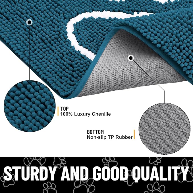 Smiry Dog Door Mat for Muddy Paws, Absorbent Dirt Trapper Non Slip Quick Dry Washable Chenille Mat for Mud Dogs, Entry Rug for Indoor and Outdoor (59x24 Inches, Atlantic Blue and White)