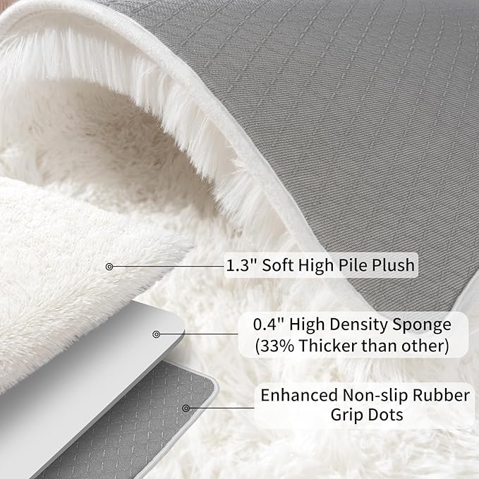 Ultra Soft Runner Rugs for Bedroom Hallways with Upgraded Non-Slip Rubber Backing & Thick Memory Sponge, 2x4 Feet Fluffy Shag Throw Area Rug for Bedside Dorm Cream
