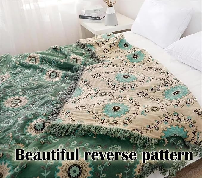MSGKV Boho Throw Blanket for Couch Bed 60''x80'', 100% Cotton Blankets Woven Green Blanket Spring Reversible Spring Breathable Lightweight Decorative Throws