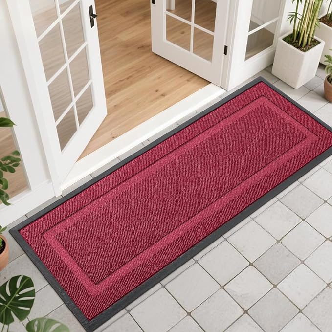 OLANLY Front Door Mat Indoor Outdoor Entrance, Waterproof All-Season, All-Weather Doormat, Sturdy Natural Rubber, Low Profile, Easy Clean Patio Porch Entryway Mat, 47x17, Burgundy