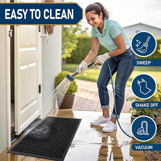 Smiry Front Door Mat Outside Entrance, Heavy Duty Natural Rubber Doormat, Non Slip, Trap Dirt and Moisture, Easy Clean, Low Profile Welcome Floor Mats for Indoor Outdoor Entry, 59x23 Inch, Black