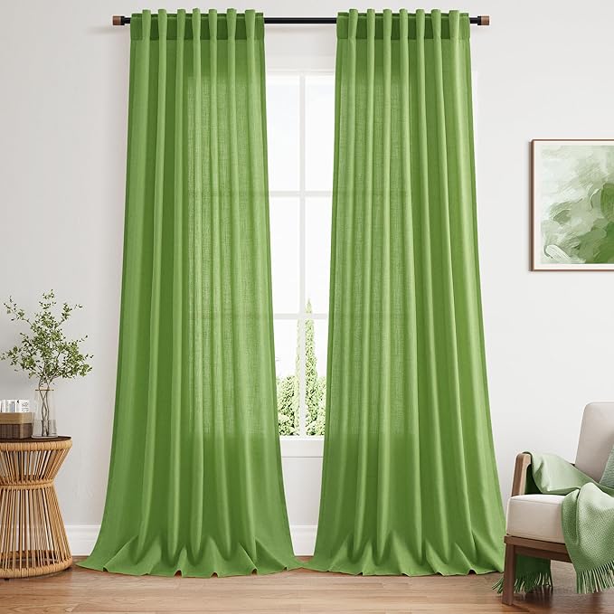Extra Long Curtain Lime Green Morden Linen Blend Light Filtering Back Tab Curtains for Long Winodws 120 Inches Length, Semi Sheer Privacy Drapes for Living Room, 52x120 inch, 2 Panels