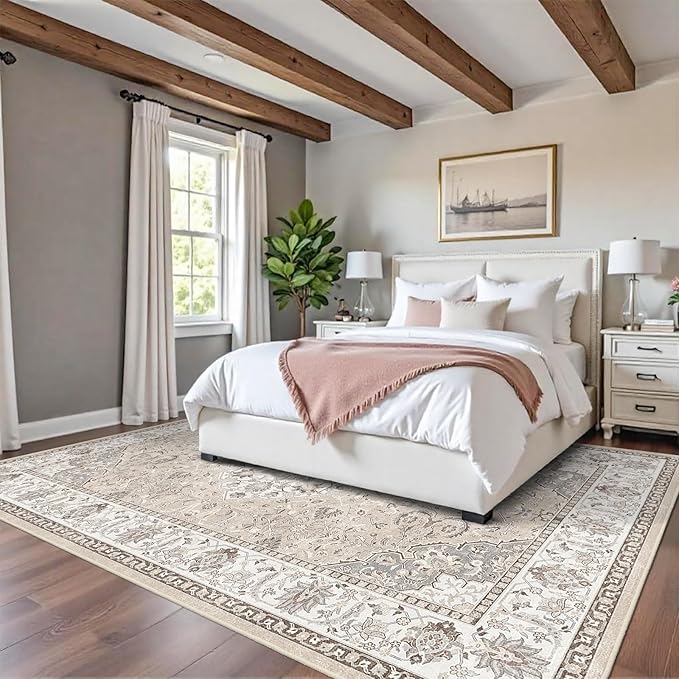 8x10 Living Room Rug for Family- Washable Oriental Stain Resistant Rugs for Bedroom Nursery Non Slip Ultra Soft Carpet for Dining Room Medallion Farmhouse Home Decor Floor Decoration Mat (8x10 Beige)