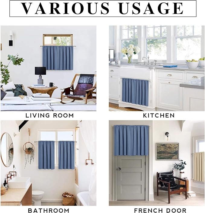 RYB HOME Cafe Blackout Curtains 24 inch Length, RV Curtains for Camper Windows, Mini Short Small Insulating Light UV Blocking Privacy Half Window Tiers, Width 29 by Length 24, Stone Blue, 2 Panels
