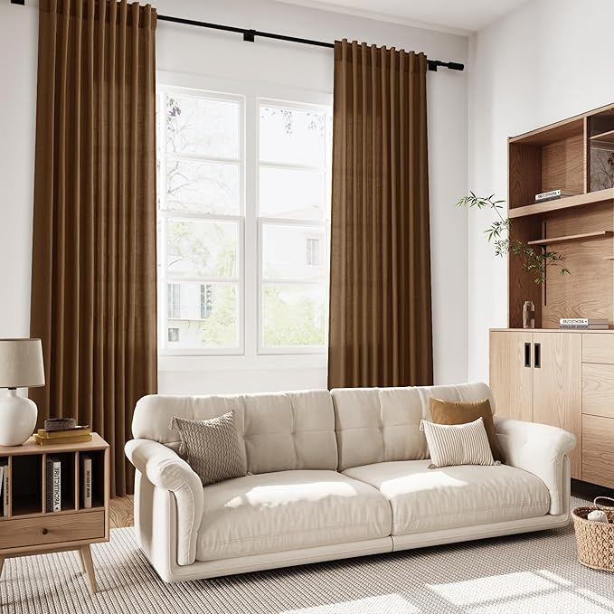 Nanspring Tobacco Brown Linen Curtains 84 Inches Long for Living Room Back Tab Luxury Light Filtering Privacy Semi Sheer Curtain Farmhouse Decor Boho Textured Drapes for Bedroom 52x84,2 Panels