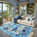 Living Room Rugs, Area Rugs 5x7 Rug for Bedroom Ultra-Thin Soft, Non-Slip Washable Rugs Stain Resistant Boho Rug Low-Pile Throw Rug for ‎Dining Room Office (5 x 7, Blue Garden)