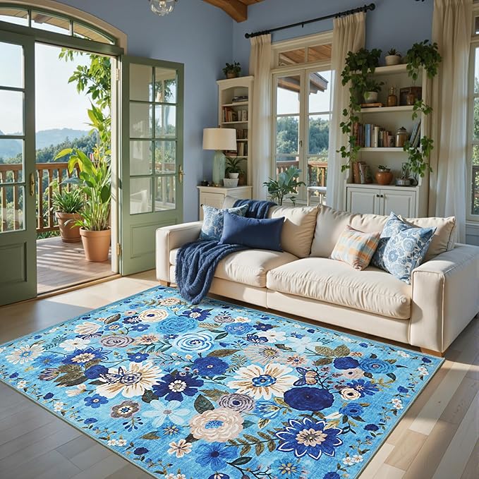 Living Room Rugs, Area Rugs 5x7 Rug for Bedroom Ultra-Thin Soft, Non-Slip Washable Rugs Stain Resistant Boho Rug Low-Pile Throw Rug for ‎Dining Room Office (5 x 7, Blue Garden)