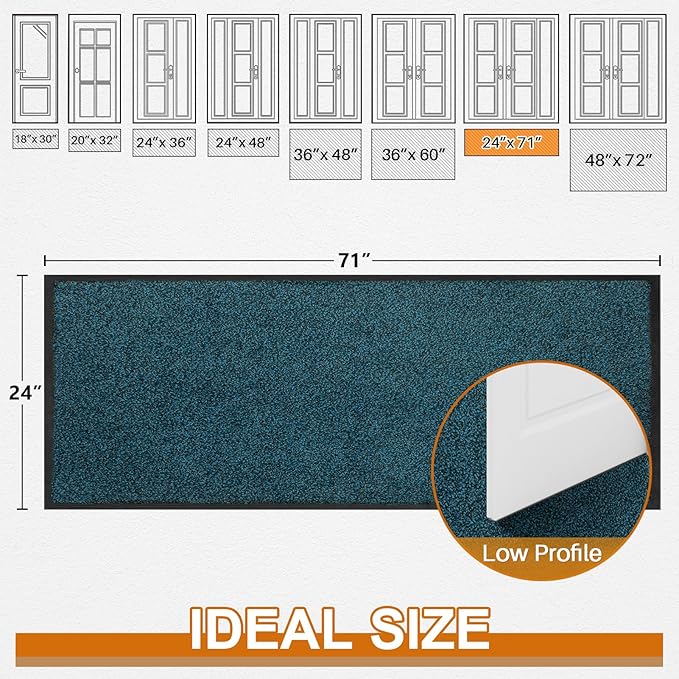 Mibao Front Door Mat, Dirt Trapper Welcome Mat for Outdoor Indoor, Non-Slip Waterproof Doormat, Durable Machine Washable Low Profile Entry Rug for Back Door Outside Patio Porch, 72" x 24", Blue