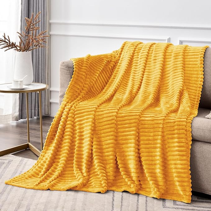BEDELITE Fleece Throw Blanket for Couch – 3D Ribbed Jacquard Soft and Warm Decorative Fuzzy Blanket – Cozy, Fluffy, Plush Lightweight Mustard Yellow Throw Blankets for Bed, Sofa, 50x70 inches