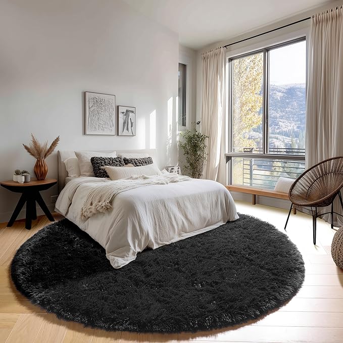 ONASAR Black Round Rugs 7ft for Living Room, Fluffy Bedroom Circle Area Rug, Soft Plush Shaggy Carpet for Kids Girls Boys Teen Nursery Dorm Classroom Playroom Home Decor Aesthetic