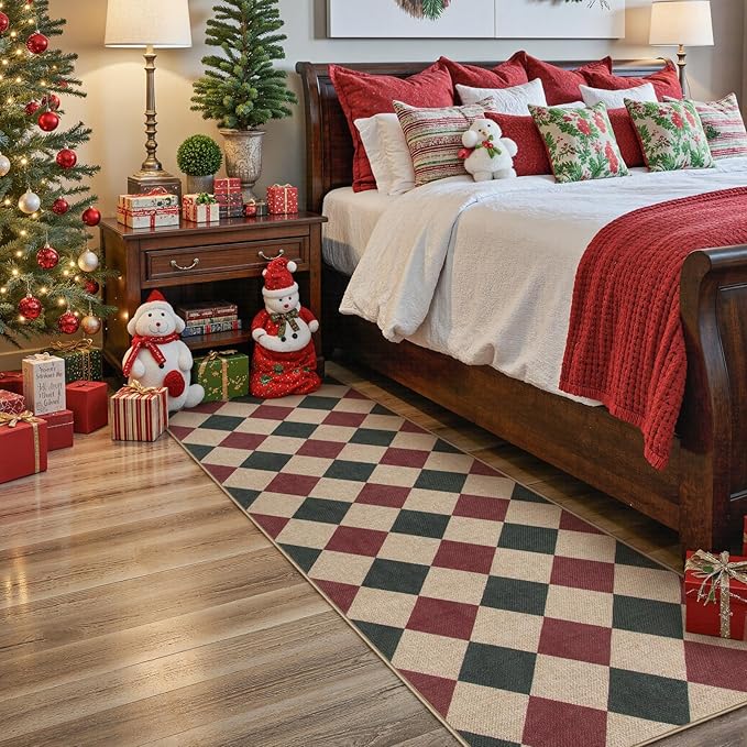 Lahome Christmas Runner Rug, 2x8 Checkered Christmas Decor Non Slip Entryway Runner Rug, Checkerboard Red and Green Indoor Outdoor Xmas Decorations for Hallway 8ft Entry Laundry Room