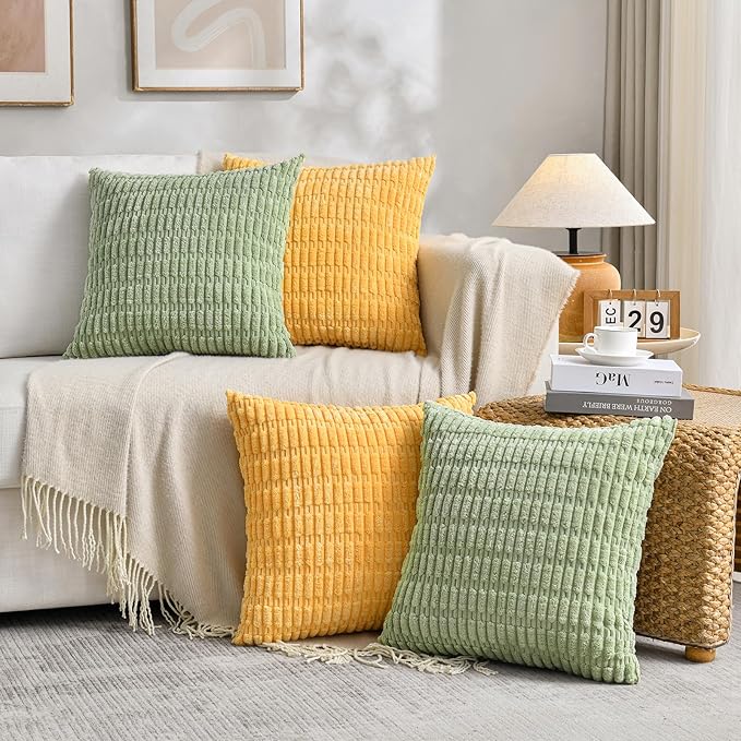 Fancy Homi Set of 4 Spring Boho Decorative Throw Pillow Covers 20x20 Inch for Couch Bed Sofa, Sage Green Yellow Room Decor, Soft Fuzzy Fluffy Cozy Corduroy Textured Cushion Case 50x50cm