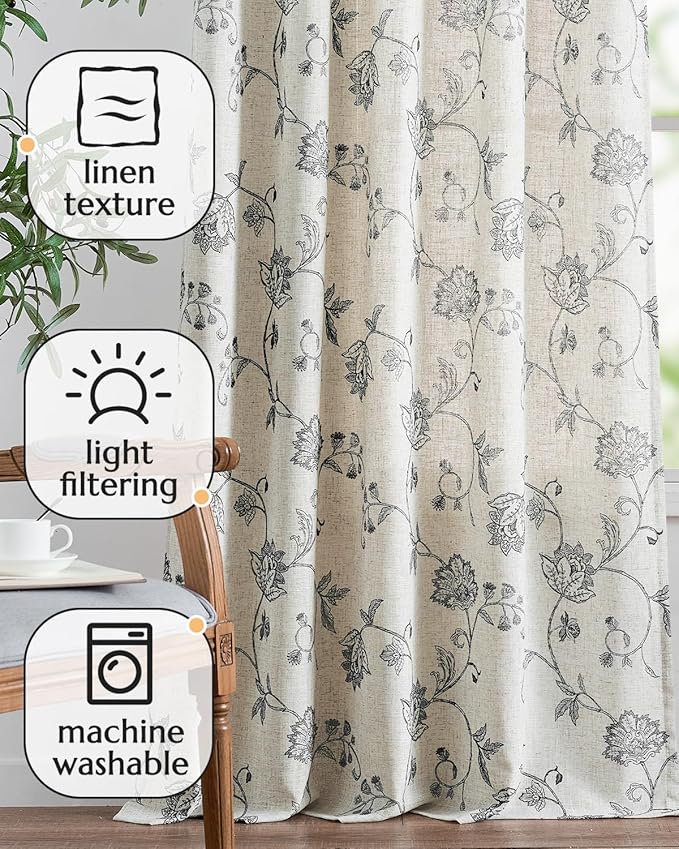 jinchan Linen Curtains Floral Curtain 84 Inch Length for Living Room Bedroom Light Filtering Rod Pocket Back Tab Jacobean Curtains Flax Linen Texture Window Drapes Set 2 Panels Black on Linen