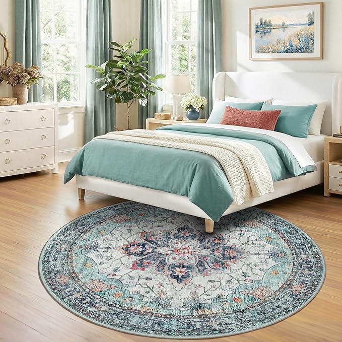 RELEANY Area Rugs 7ft Washable Non-Slip, Floral Vintage Distress Print Pattern Medallion Carpet for Living Room Bedroom Dining Room, Green Navy Blue White Red Teal Colorful