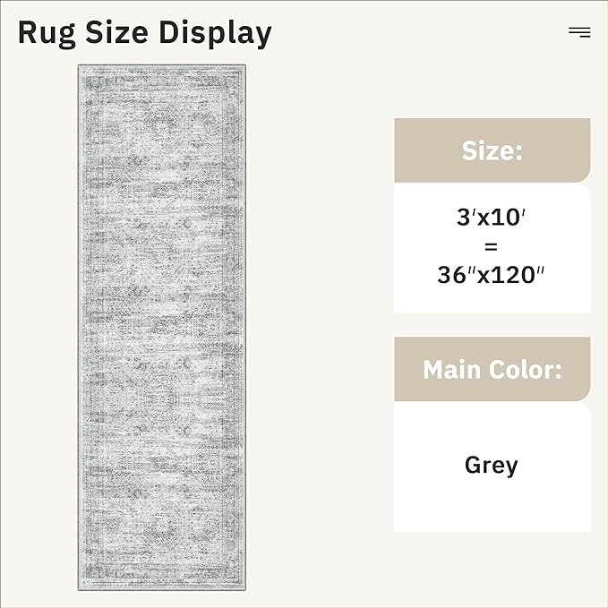 Runner Rug 3x10 Washable Non-Slip Hallway Runner Rugs for Kitchen Bathroom Laundry Room Grey Vintage Floor Carpet Runners for Hallways Entryway