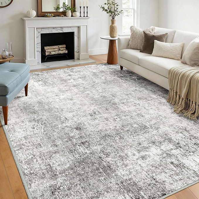 Washable Area Rugs 7'x9' Non-Slip Modern Abstract Soft for Living Room Entryway Bedroom Nursery, Print Pattern, Gray White Grey