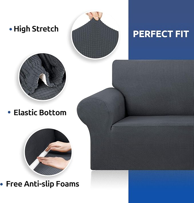 KEKUOU Stretch Oversized Sofa Slipcover 1 Piece Couch Sofa Cover (94"-110") Furniture Protector 4 Seater Sofa with Elastic Bottom for Kids,Pet.Jacquard Checked Pattern Fabric(X Large,Charcoal)
