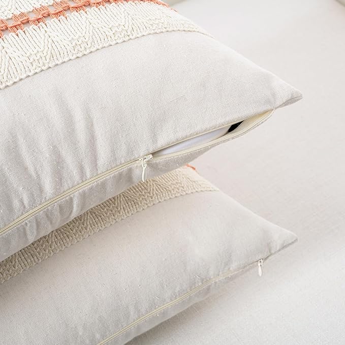 Fancy Homi Set of 1 Boho Coral Decorative Throw Pillow Cover 20x20 Inch for Couch Bed Sofa, Aesthetic Modern Organic Farmhouse Home Decor, Soft Cotton Cute Accent Macrame Woven Cushion Case