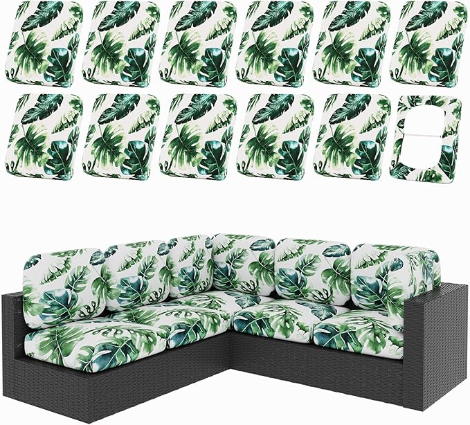 hyha 12Pcs Patio Cushion Covers, Stretch Outdoor Couch Cushion Covers, Washable Outdoor Chair/Sofa Slipcovers for Patio Furniture Cushions Protector with Elastic Bottom(Monstera Deliciosa,Cover Only)