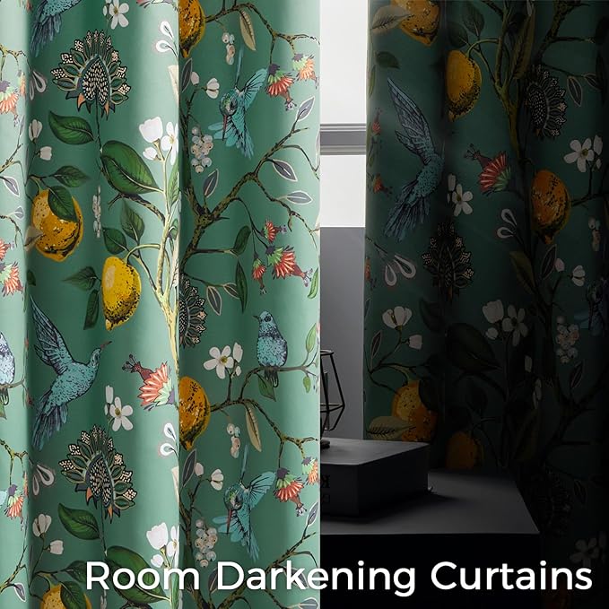 Topfinel Sliding Door Patio Floral Curtains & Drapes, Blackout Extra Wide Room Divider Large Sage Green Vintage Farmhouse Country Hummingbird Patterned Grommet Curtains 1 Single Panels W100 x L84