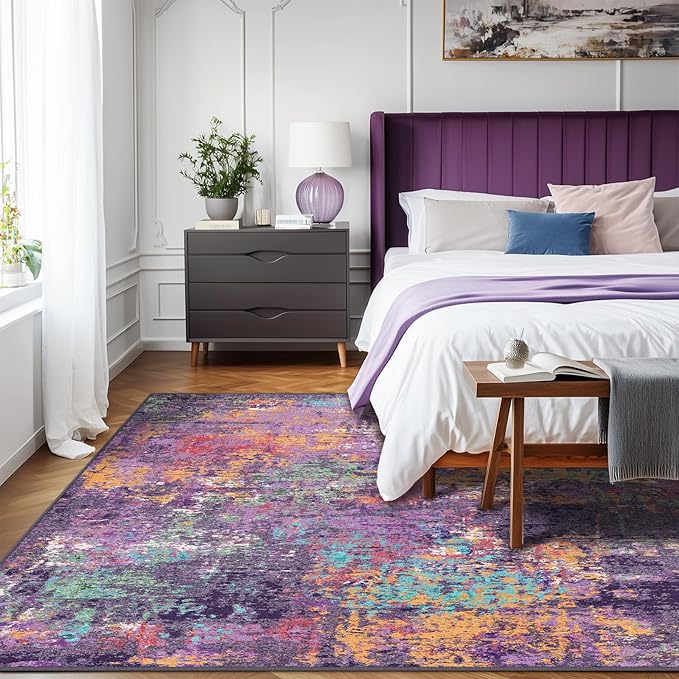Washable Area Rugs 5'x8' Non-Slip Modern Abstract Soft for Living Room Entryway Bedroom Nursery, Print Pattern, Purple Orange Blue Green Rust Red Colorful