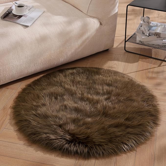 Ashler Faux Fur Rug - Fluffy Shaggy 3 x 3 Feet Sheepskin Fur, Dark Coffee Fuzzing Rug - Nursery Decor Throw for Bedroom, Living Room, Kids Room