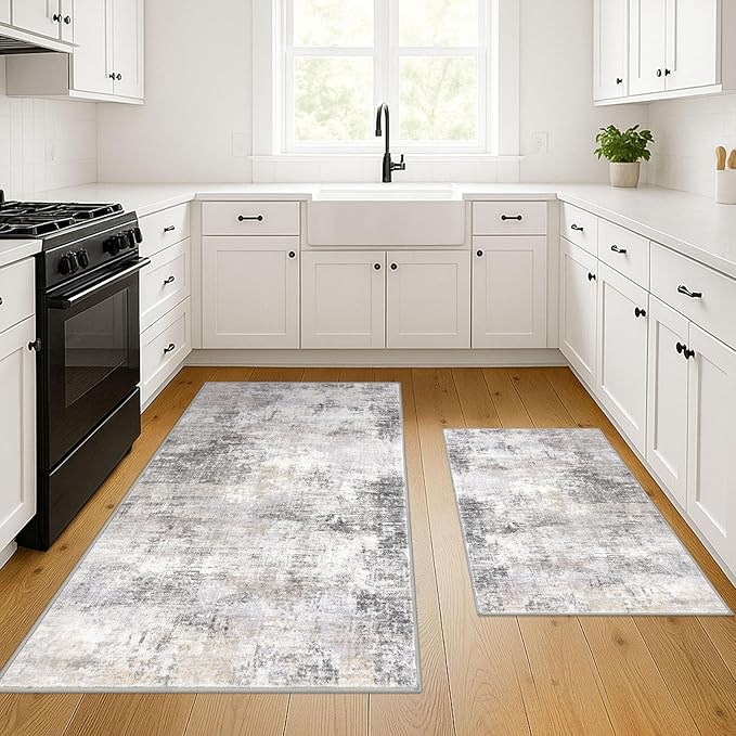 IOHOUZE Small Abstract Area Rug Sets 2x3 and 3x5 Ft Door Mat Indoor Set, Washable Rugs for Entryway Sets, Non Slip Throw Rug Set, Printed Faux Wool Floor Carpet for Foyer Entrance Kitchen, Grey Beige