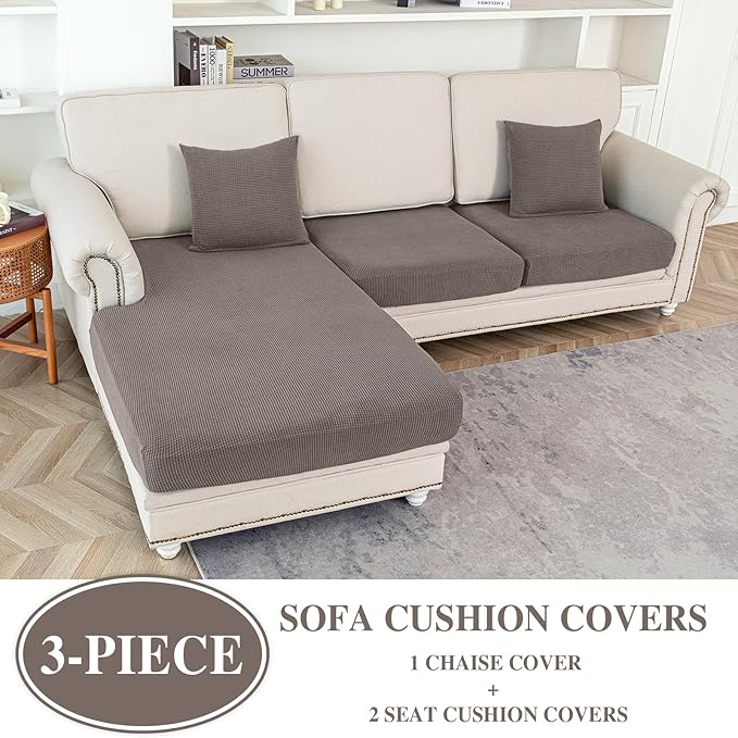 Couch Cushion Covers for Sectional Sofa L Shape Washable Separate Seat Chaise Couch Cover Stretch Sofa Slipcovers with 2 Pcs Pillowcases(2 Seater + 1 Chaise, Taupe)