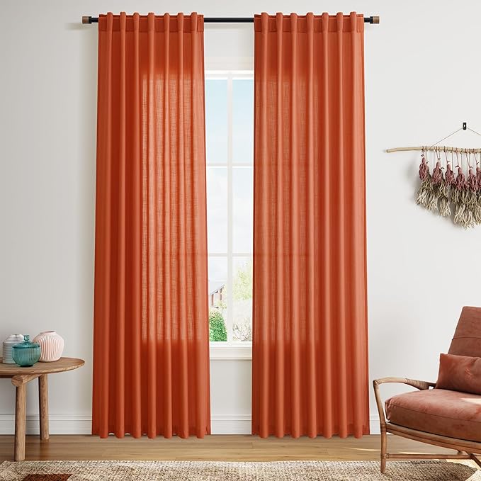 Nanspring Bright Orange Linen Blend Light Filtering Back Tab Curtains 84 Inches Long, Semi Sheer Privacy Drapes for Living Room & Bedroom Simple Style, 52x84 inch, 2 Panels